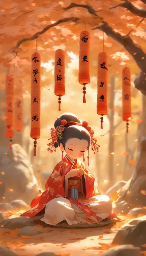 A young girl sits under a maple tree eating rock sugar gourd，Japanese manga style，The girl wears a Peking Opera costume，There are swallow-shaped kites on the ground，panini，Small cake，Fruit pie，high tea，some books，Japanese healing system，