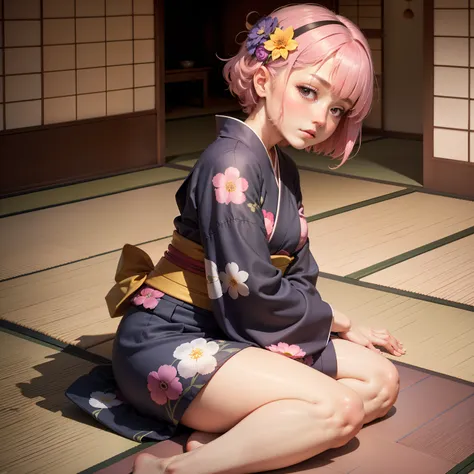 Japanese-style room in the Japan, momohd, phmomo, Solo, 1girl in,  Pink hair, Purple eyes, Short hair, Hair Flower, Wearing a yukata, Big eyes, embarrassed,Sleep on tatami mats,bare-legged,