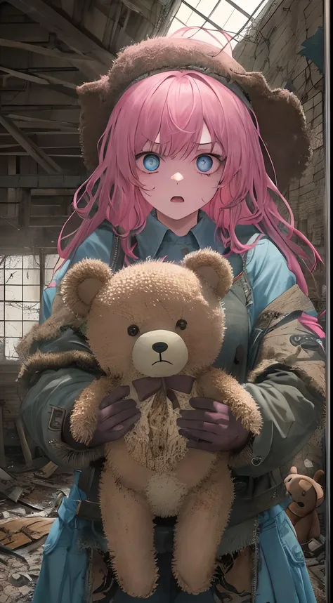 1girll, Pink hair, Blue eyes, (cowboy_Shot:1.2), Face focus, Long hair, side locks, Scared,(terrified:1.1) expression, holding teddy bear, Atmospheric lighting, Moody, Darkness, In an abandoned old museum, Clear glass display case full of interesting items...