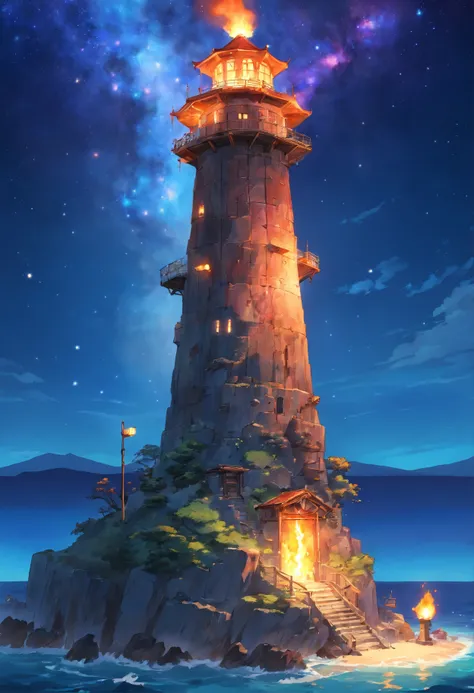 A gaurd tower made of petrified wood. Gaurding a quaint greek ocean side town. A gaint burning flame at the top of the tower like a candle. A galaxy night sky in background.