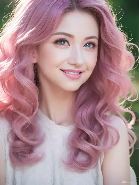 (A high resolution,Ultra-detailed,Photorealistic:1.2),Vivid colors,Portrait,muted pastels,Sparkling highlights,Curly silver-pink hair,Delicate hair,Large volume,(Strong black eyes,Reflective pupils,Long eyelashes,Red eyebrows),full pouty lips，Has an irresi...