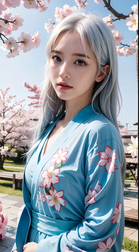 photorealistic, masterpiece, photorealistic, high resolution, soft light, hips up, blue eyes, white hair, long hair, black kimon...