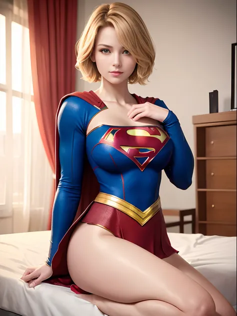 (best quality,4k,8k,highres,masterpiece:1.2),ultra-detailed,realistic:1.37,a masterpiece,Short-haired Supergirl sitting on bed showing off the soles of her feet to the camera、large full breasts、Looking at the camera、Glossy costume、bare-legged、piece sign