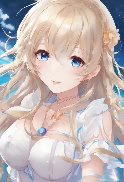 masterpiece, best quality, standing, light smile, long hair, bangs, blue eyes, 411 petite and thin moe anime girl with long, silky golden blonde hair flowing freely down her back. She has pale and soft skin accompanied by big, captivating blue eyes with na...