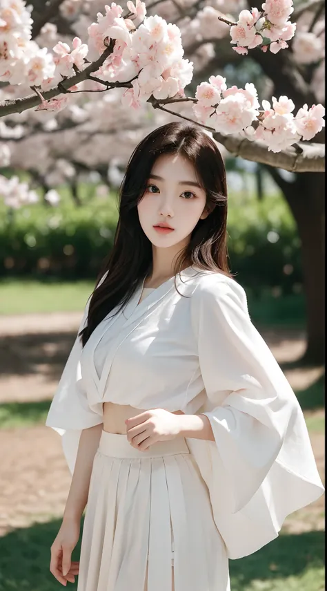 (Best quality, Masterpiece), 1girll, Korean girl，18yr old，Absolutely beautiful, Amazing, In the park，Under the peach blossoms，Noble,perfect bodies, Perfect face shape，Charming eyes，Bright big eyes，Long eyelashes，sensual lip，White skin，The gauze skirt flew ...