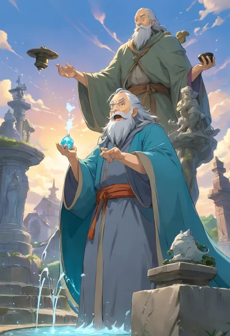 Slowly trickling fountain with a (Statue) of an old bearded mideval alchemist shouting into the sky, while holding a stone in on hand and a potion bottle in the other. Old man is made of stone, grey skin, grey clothes, grey hair