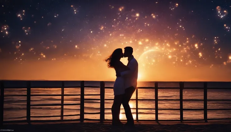 Romantic couple kissing in the wind，Boys and girls，glowing stars，Glow effects，Heart-shaped bubbles，the night，On a cruise ship，The face is clear and accurate，detail in face，super-fine，beachside，16K resolution，high qulity，电影灯光，High picture detail，dynamic vie...