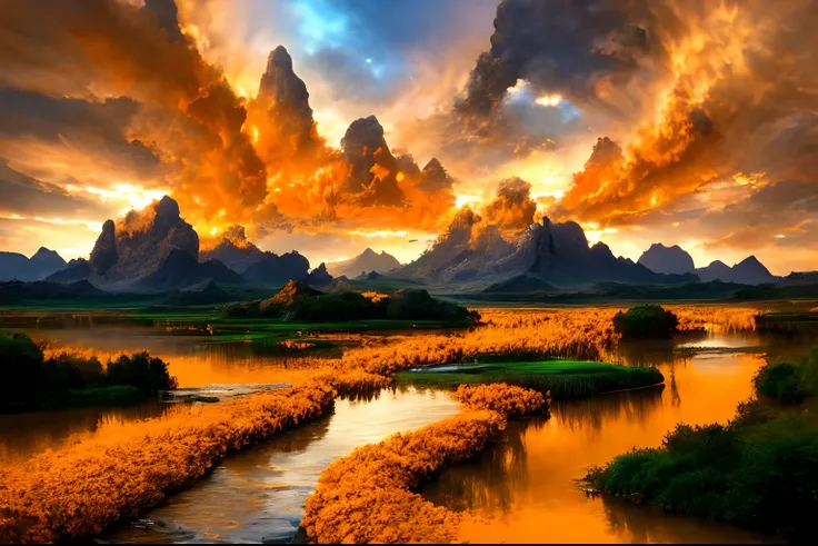 Best quality, 4K, hyper HD, absurderes, photograph of green and orange clouds, Sunset, Highly detailed, Mountains, opulent, Vivid, Masterpiece, award winning picture, Realistic, Clouds, (greenr:1.2), (Orange:1.2), Digital SLR, Hyperrealistic