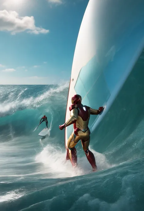 (Extremely detailed CG Unity 16k wallpaper:1.1), (Noise Removal Strength: 1.45), (tmasterpiece:1.37), Iron Man, Surfers wander on the waves with wide boards, Diamonds replace water/wave, High details