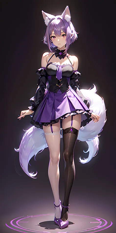 ((full body view, short fluffy lilac hair, has purple fox ears, purple eyes, extremely short blouse and mini skirt color the same as her black silk stockings))