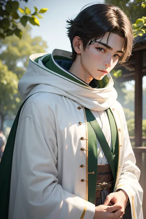 male people、young 17 years old，White cloak，Green decoration，