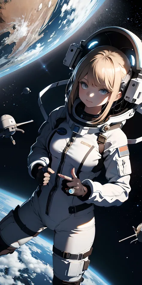 Absurd resolution, high resolution, (masterpiece:1.4), ultra-detailed, 1girl, in a spacesuit, seen from above, space, floating, satellite, outer space operation, wide-angle lens distortion