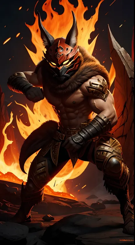 caracal mask creature, barbarian style, full body, fighting, lava background, masterpiece, ultra high quality