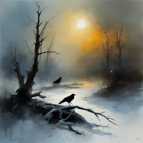 Two crows on a dead tree, Shadow in the shape of a walker, star night, Thick fog on the ground, Blue light on the horizon, Motor Unreal 5, cinematic ligh, low angle photography, Motion blur, depth of fields, Dust, Cobblestones and dirt. splashart, Drop ink...