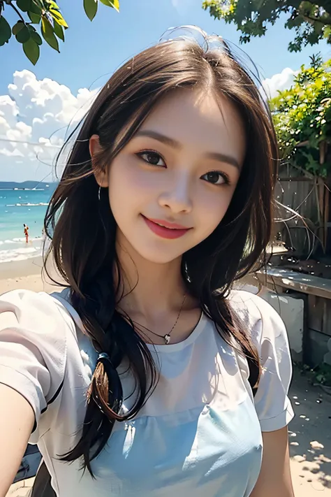 Selfie, Looking at the viewer, Pretty face with very detailed details, Clear background, The face is fully visible、Happy smile when looking at this、Looking up from below、Bright summer clothes、Hair swaying in the wind、