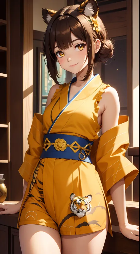 young girl, short brown hair, Two buns, Yellow eyes, Smile, tiger tail, Blue kimono, Gold Details, Sleeveless, Shorts, Masterpiece, hiquality, 4k, HD, Good detail