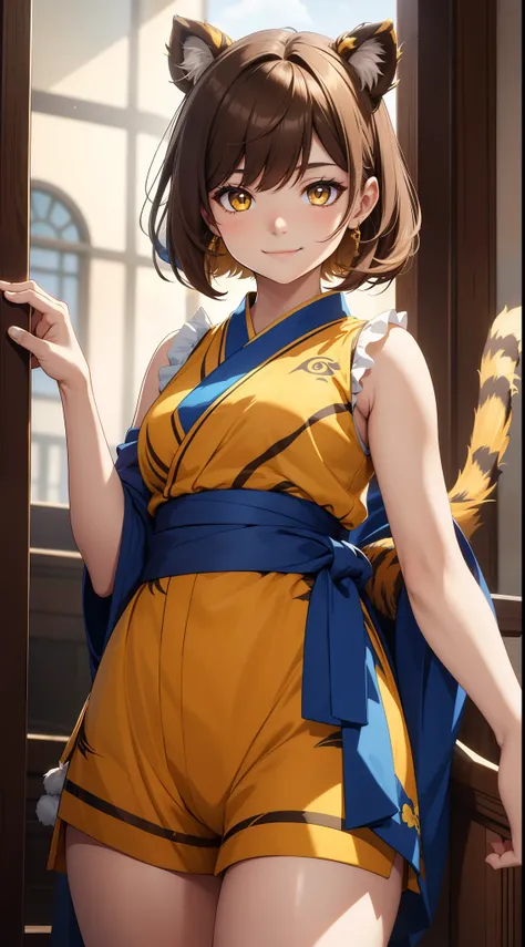 young girl, short brown hair, Two buns, Yellow eyes, Smile, tiger tail, Blue kimono, Gold Details, Sleeveless, Shorts, Masterpiece, hiquality, 4k, HD, Good detail