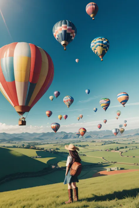 epic,dynamic pose,human girl character,cowboy shot,shiny skin,2D kawaii,pop manga,various color,World location: A picturesque countryside surrounded by rolling hills and green fields
Composition: A fleet of hot air balloons float serenely across a clear bl...