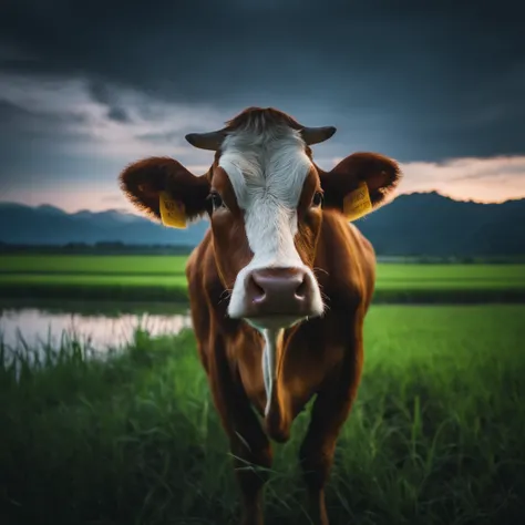 cow, rice field, grass, nighttime