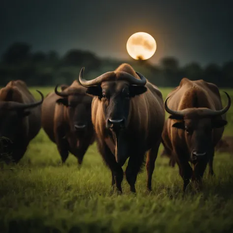 Thai buffalo in the middle of the rice fields, nighttime, dark, moon light