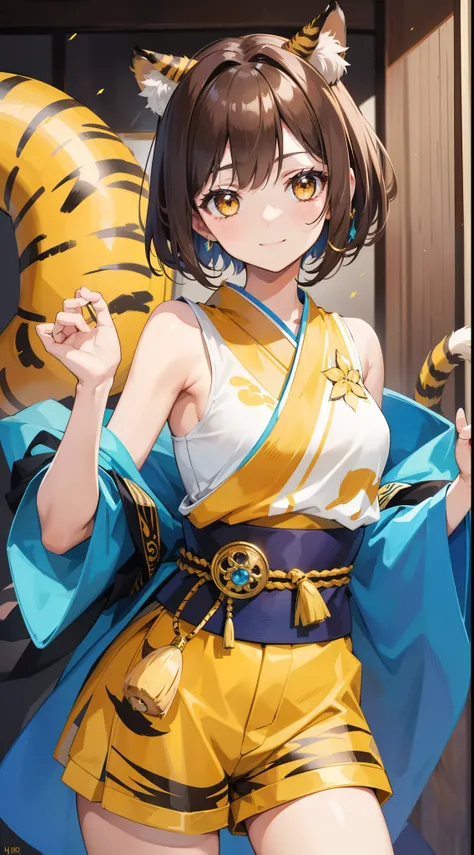 young girl, short brown hair, Two buns, Yellow eyes, Smile, tiger tail, Blue kimono, Gold Details, Sleeveless, Shorts, Masterpiece, hiquality, 4k, HD, Good detail