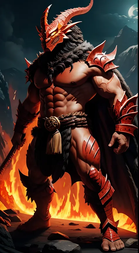 dragon mask creature, barbarian style, full body, fighting, lava background, masterpiece, ultra high quality