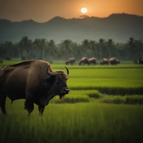 Thai buffalo in the middle of the rice fields, nighttime, dark, moon light, 1 buffalo