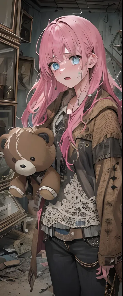 1girll, Pink hair, Blue eyes, (cowboy_Shot:1.2), Face focus, Long hair, side locks,Collapsed crying，Extreme panic， Scared,(terrified:1.1) expression, holding teddy bear, Atmospheric lighting, Moody, Darkness, In an abandoned old museum, Clear glass display...