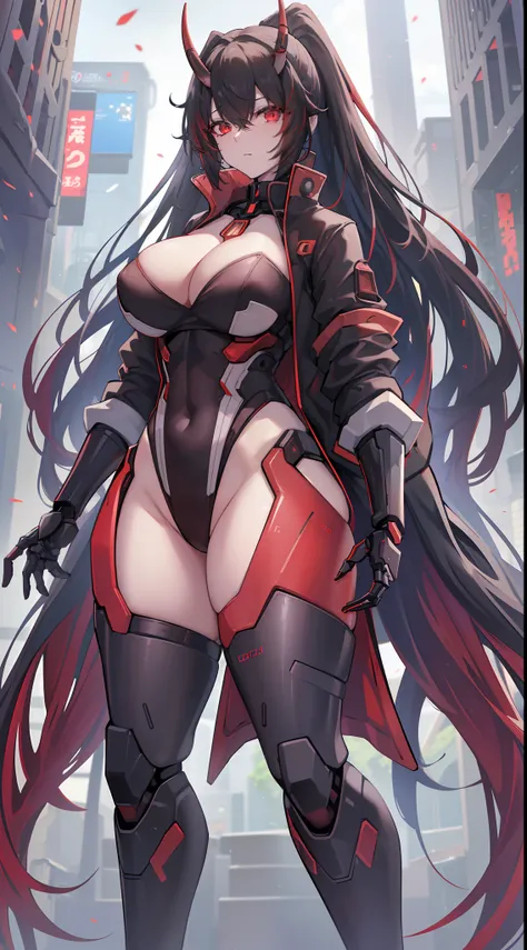 (best quality, masterpiece, anime) (solo) black hair, very long flowing hair, red eyes, thick thighs, huge breasts, muscular, at...