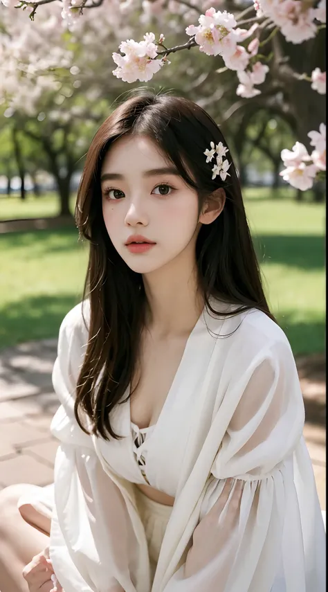 (Best quality, Masterpiece，16k), 1girll, Korean girl，18yr old，Absolutely beautiful, Amazing, In the park，Under the peach blossoms，Noble,perfect bodies, Perfect face shape，Charming eyes，Bright big eyes，二重まぶた，Long eyelashes，sensual lip，White skin，The gauze s...