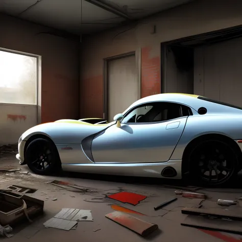 Abandoned place, Parking sombre, Dodge Viper rusty, garage sous-sol, Detailed caricature, hyper realistic, bleu claire, peinture carrosserie brillante, highly quality, Realstic, very detailed, emplacement de voiture, en bas,