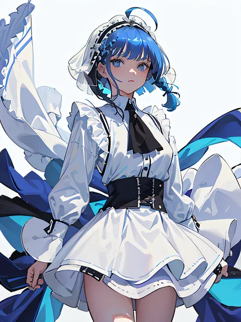 ((masterpiece, best quality)), (1girl), (solo), (female focus), (ahoge, topaz blue hair (1.2) , short braid hair), blue eyes, ((white shirt), (buttoned shirt)), ((black skirt), (short skirt)), standing, white background, arms behind back, nun outfit, veil