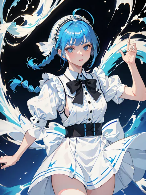 ((masterpiece, best quality)), (1girl), (solo), (female focus), (ahoge, topaz blue hair (1.2) , short braid hair), blue eyes, ((white shirt), (buttoned shirt)), ((black skirt), (short skirt)), standing, white background, arms behind back, nun outfit, veil