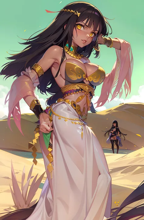 2011s anime art style, legend of queen opala, 1girl, osira (character), black hair, Egyptian skin, yellow eyes, only three brown scars on left cheek of face, only three brown scars, blunt bangs, big breasts, black form fitting dress bikini, evil expression...