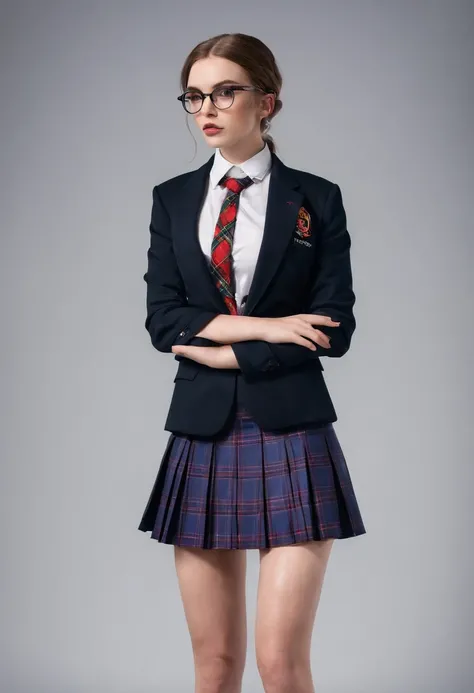 25 yo catholic schoolgirl in school blazer and pleated tartan skirt wearing glasses, nervous, anxious, mary katherine gallagher on stage, erotic pose