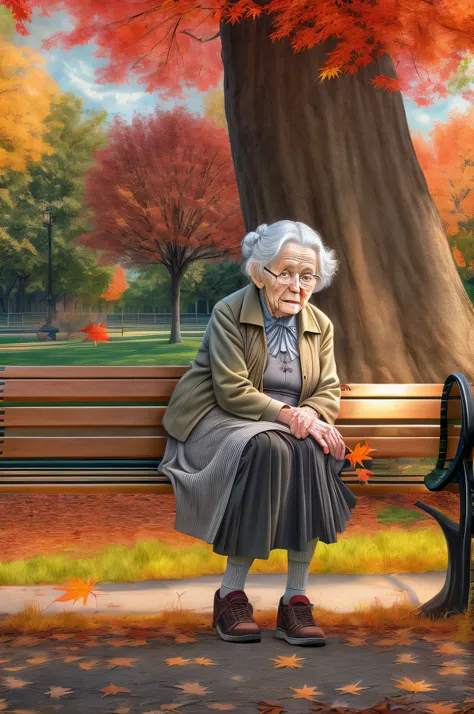 a picture of an old woman sitting on a bench in the park under the tree in a park at autumn, an old woman, looking distinguished, grey hair, in  bun, blue, eyes, eyes that had good life, historical life, wearing a green skirt, and white blouse, dynamic sho...