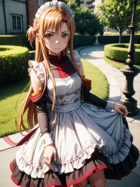 Asuna from Sword Art Online, [3D images:1.35]、a park、 super precision、[[In high-quality anime、Cute Asuna with brown hair and brown eyes:1.15]]、maid clothes, 8ＫImagen, best pictures,Yuuki Asuna ,