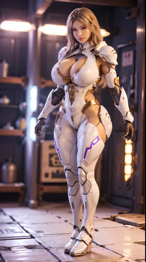 A WOMAN, BEAUTIFULL FACE, HUGE BOOBS, RGB, WHITE, GOLD, PURPLE, MECHA ARMOR FULL SUIT, (CLEAVAGE), TRANSPARANT, TALL LEGS, STANDING, SEXY BODY, MUSCLE ABS.