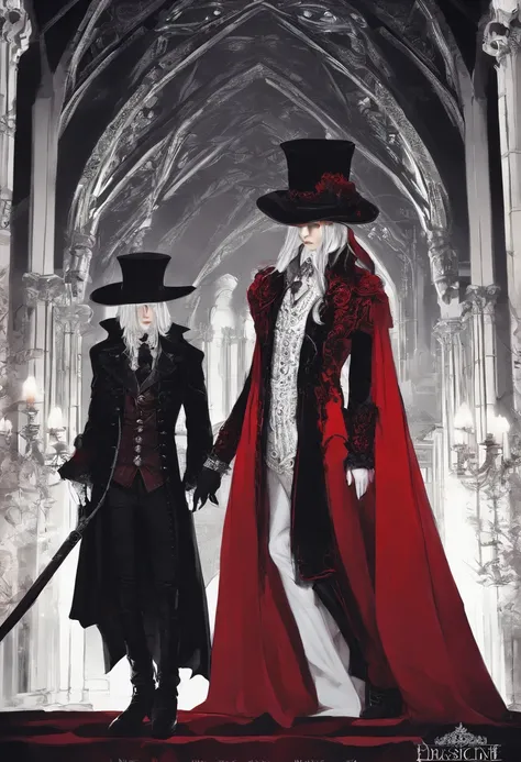 male people，Black and red dress，Hat，whaite hair，magister