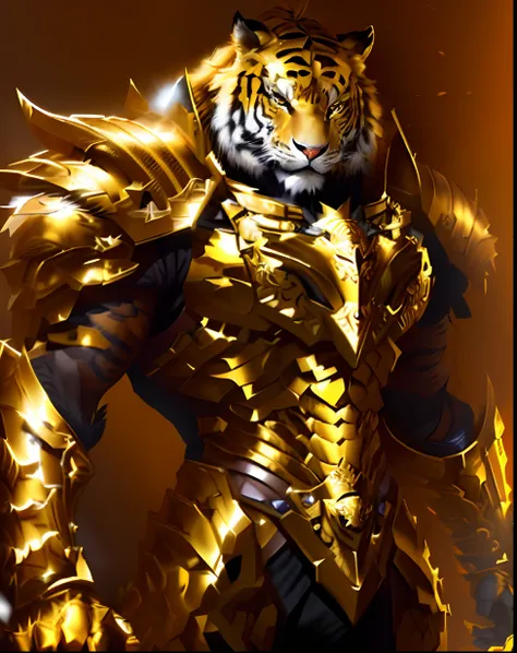 Tiger warrior in armor with sword and armor, the golden cat armor knight, a tiger_beast, Wearing golden cat armor, Heavy Gold Armor. Dramatic, golden armour, anthropomorphic tiger, Impressive armor, Complex golden armor, Very elegant fancy armor, lion warr...