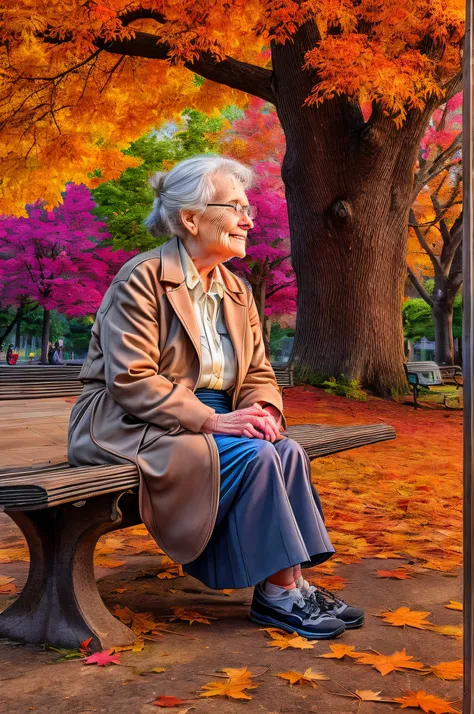 picture of an old woman sitting on a bench in the park under the maple tree in a park at autumn, an old woman, looking distinguished, grey hair, in bun, blue, eyes, eyes that had good life, historical life, wearing a green skirt, and white blouse, dynamic ...