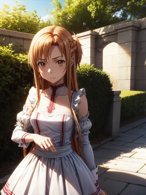 Asuna from Sword Art Online,独奏、best pictures,Yuuki Asuna、 [3D images:1.35]、a park、 super precision、[[In high-quality anime、Cute Asuna with brown hair and brown eyes:1.15]]、maid clothes, 8ＫImagen