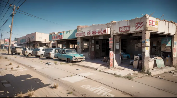 Desert abandoned city with weathered buildings, Convenience stores, Traffic lights and abandoned cars、Photorealsitic、Masterpiece、hentail realism