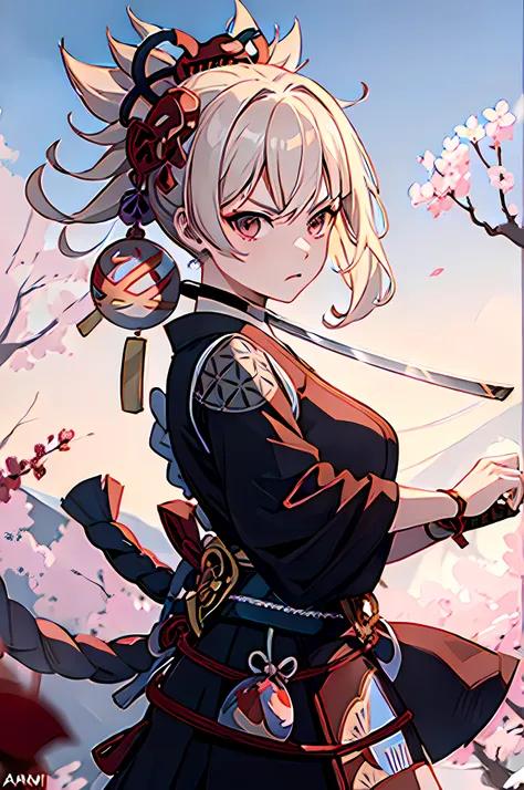 1 girl, ponytail, samurai mask, samurai, holding katana (amenoma kageuchi) , angry, furious eyes, perfect eyes, cherry blossom, celestial lighting, japanese background, better quality, highres, 8k, masterpiece, shogun, simple background, perfect face, kata...