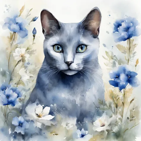 「It is a design with the theme of Russian blue cat and blue flowers。The characteristic blue fur of the Russian Blue cat is depicted in detail、Blue flowers spread elegantly around。Pale background and delicate light and dark、Bringing tranquility and beauty t...