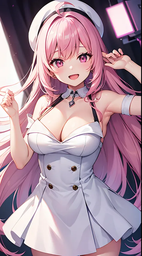 1 girl, game CG, white clothes, visible shoulders, visible cleavage, white short skirt, small white beret, neck jewel pendant, gigantic breasts, pink hair, long hair, straight hair, ahoge, pink eyes, smile, open mouth, simple background,