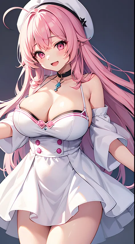 1 girl, game CG, white clothes, visible shoulders, visible cleavage, white short skirt, small white beret, neck jewel pendant, gigantic breasts, pink hair, long hair, straight hair, ahoge, pink eyes, smile, open mouth, simple background,