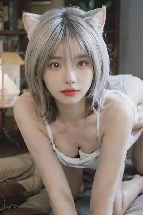 8K,NSFW、(whitish hair) 、White hair、Best Quality, Being on all fours、masutepiece, Ultra High Resolution, (Realism: 1.4), Original photo, Colors inspired by red、(True skin texture: 1.3), (Film grain: 1.3), Beautiful eyes and face details, shorten the head、ma...