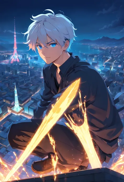 gojo satoru, jujutsu  kaisen, anime, 1 young man, in the top of tower, amazing, focused, ray of light, blue eyes, white hair, black shirt, in the battlefield, powerfull magic aura, depth of field.