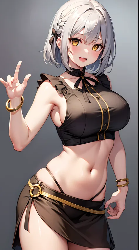 1 girl, game CG, brown sleeveless shirt, short slit skirt, neck ribbon, bangles, gigantic breasts, silver hair, short hair, french braid, yellow eyes, smile, open mouth, simple background,